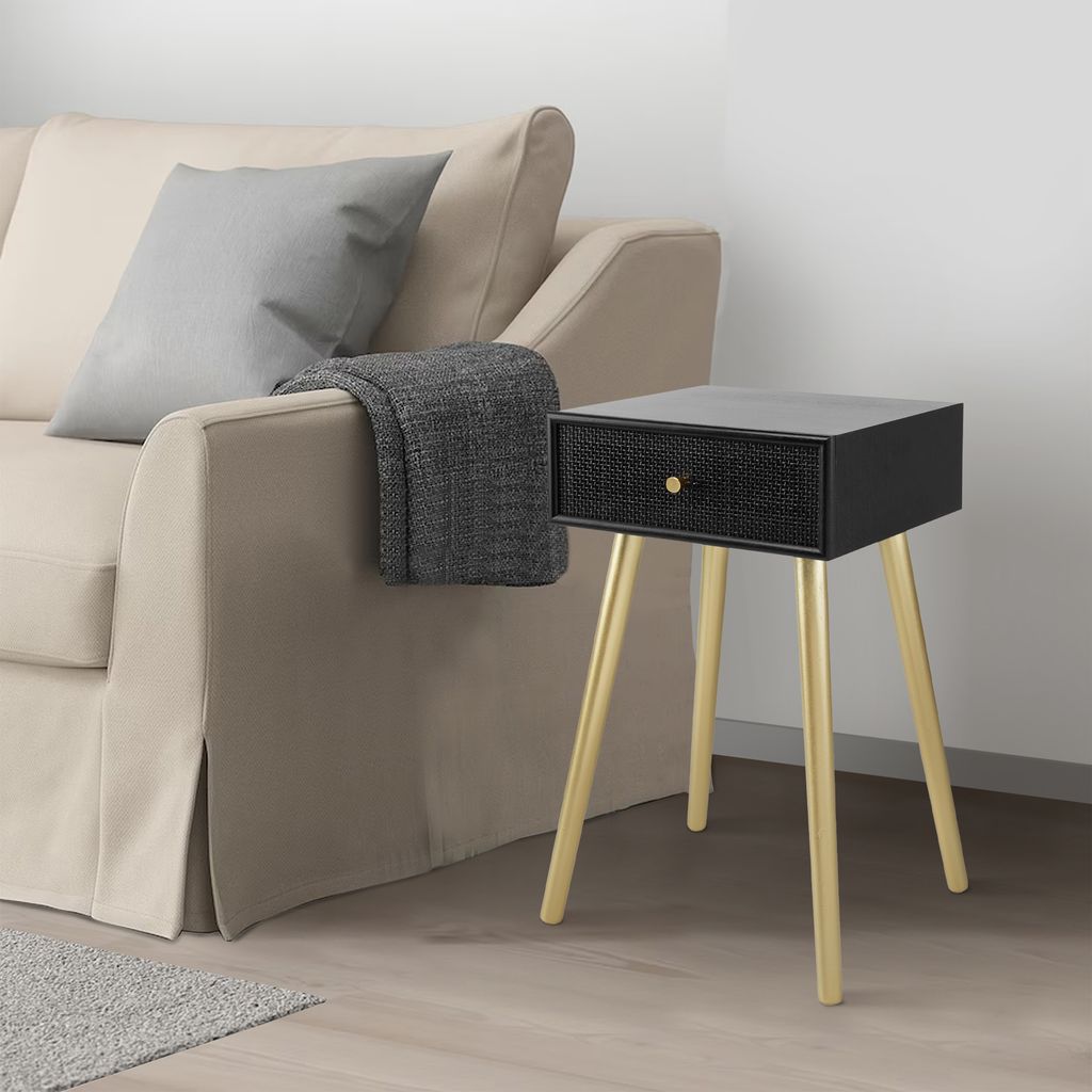 Gaia 28 Inch Pine Wood Side End Table, Gliding Rattan Drawer, Black, Gold - View 7