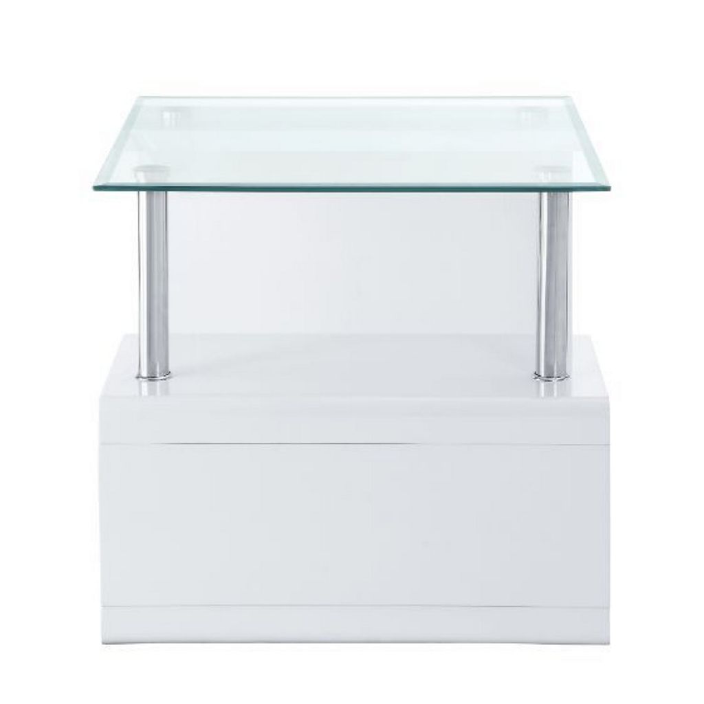 24 Inch Square Accent End Table, Glass Top, Open Shelf, White, Chrome - View 2