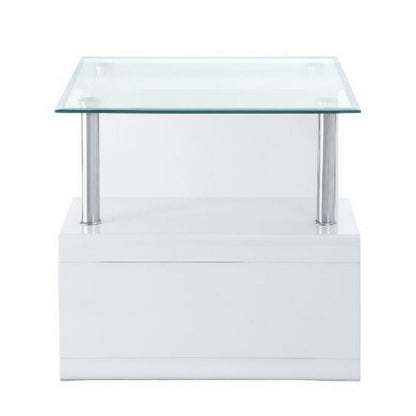 24 Inch Square Accent End Table, Glass Top, Open Shelf, White, Chrome - View 2