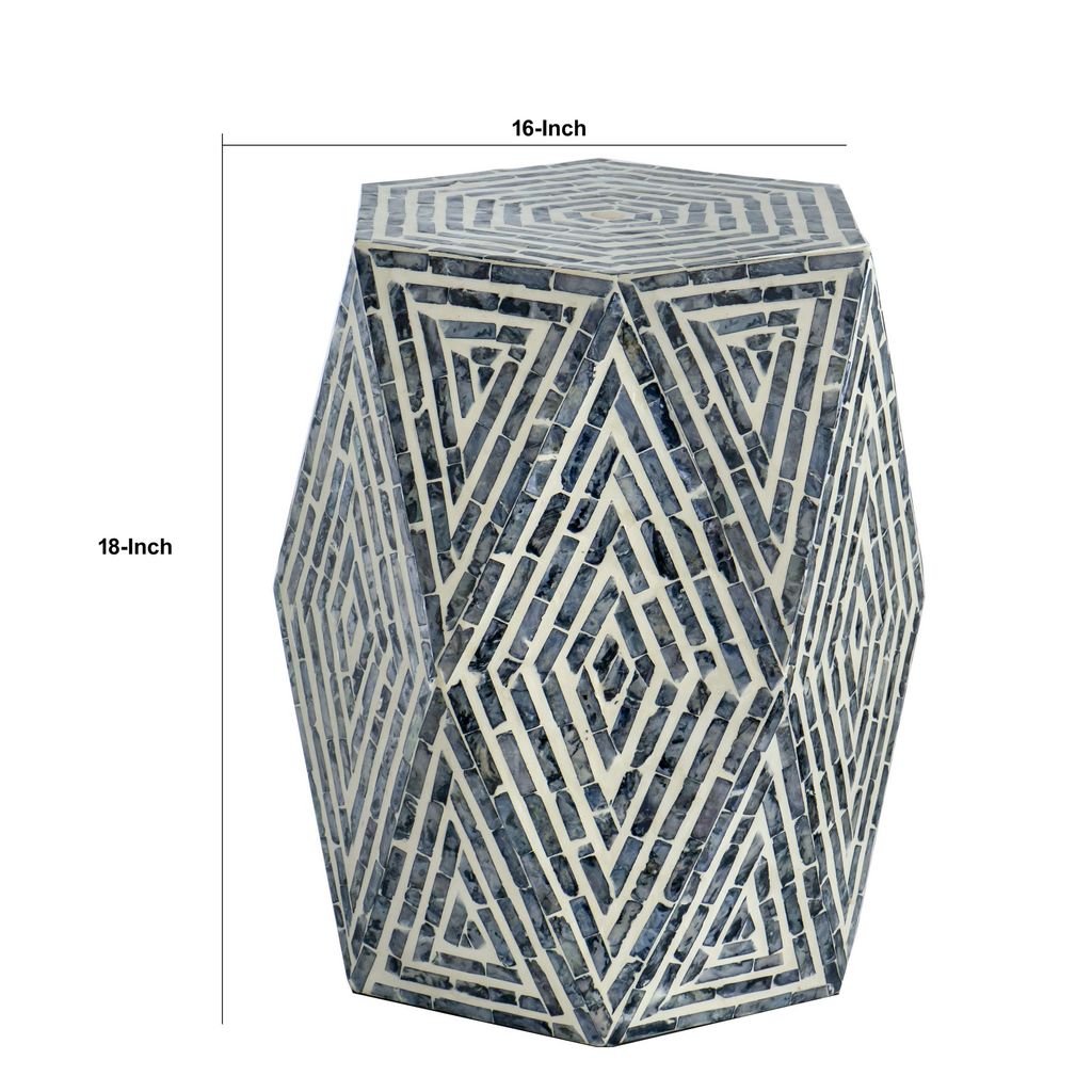 18 Inch Accent Table Stool, Hexagonal Design, Diamond Pattern, Blue, White - View 5