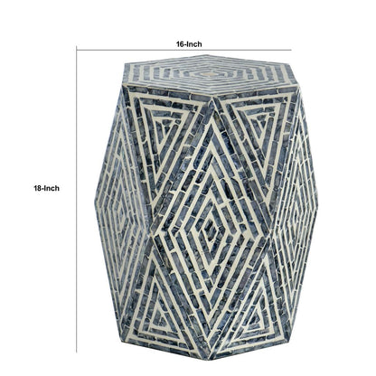18 Inch Accent Table Stool, Hexagonal Design, Diamond Pattern, Blue, White - View 5