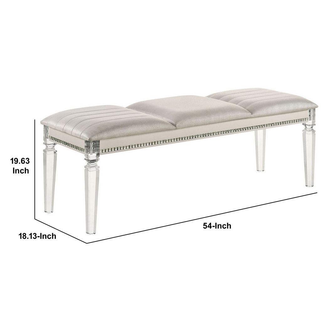 Tufted Leatherette Seater Wooden Bench with Mirror Accents, White - View 5