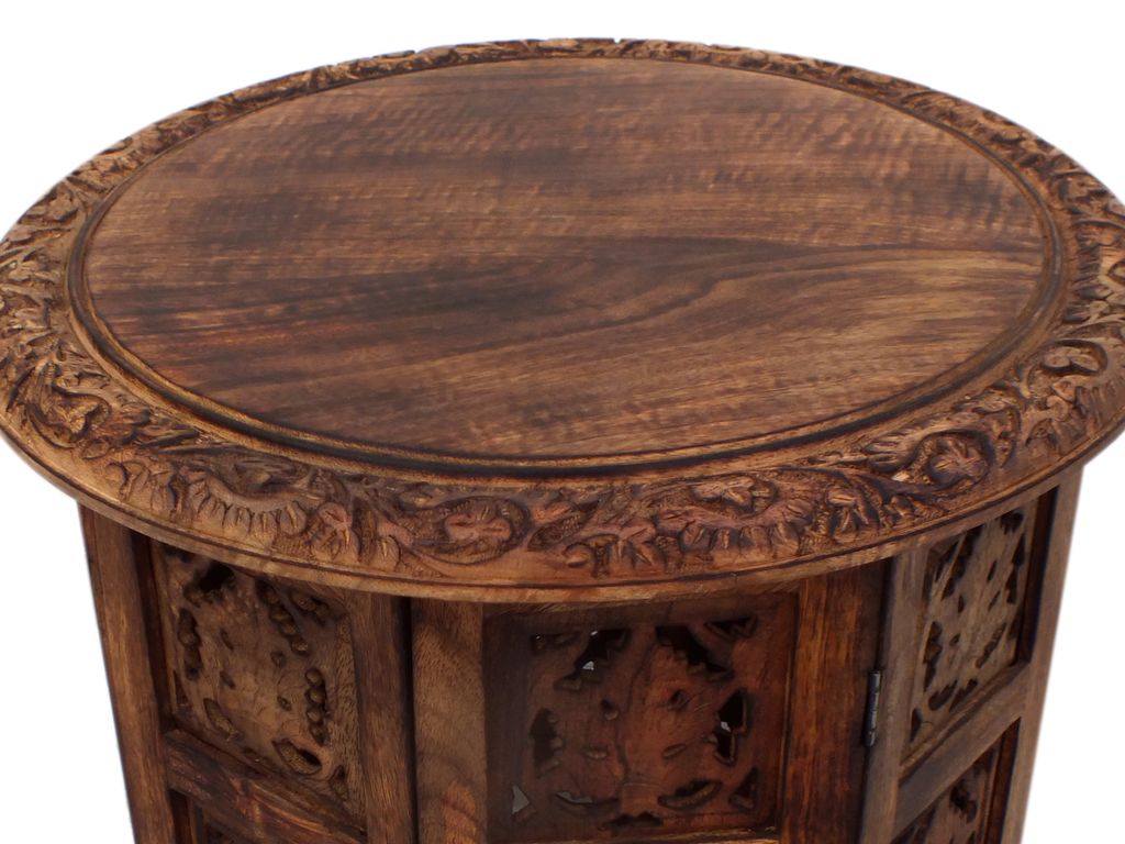 18 Inch Mango Wood Folding Accent Table, Hand Carved, Walnut Brown - View 3