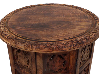 18 Inch Mango Wood Folding Accent Table, Hand Carved, Walnut Brown - View 3