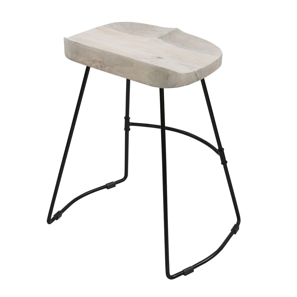 Tiva 24 Inch Handcrafted Backless Counter Height Stool, Whitewashed Mango Wood Saddle Seat, Black Me - View 2
