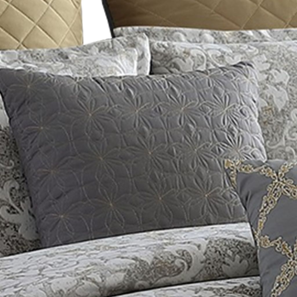 9 Piece King Polyester Comforter Set with Medallion Print, Gray and Gold - View 5