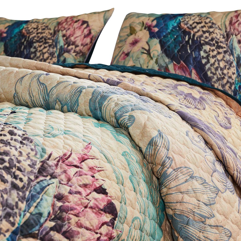 Ufa 36 Inch Quilted King Pillow Sham, Peacock Print, Vermicelli Stitching - View 3