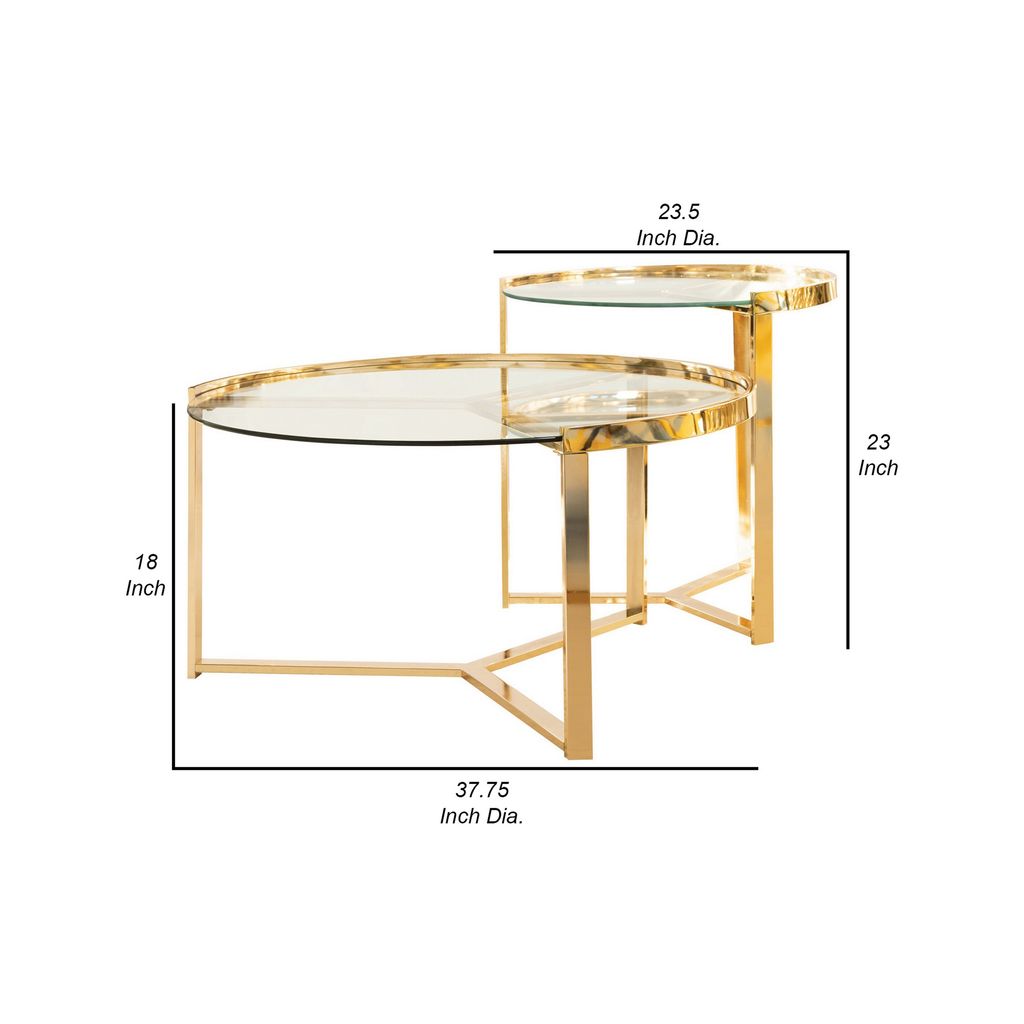 23 Inch Round Nesting Accent Tables, Glass Top, Metal Base, Set of 2, Gold - View 5