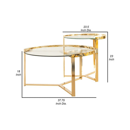 23 Inch Round Nesting Accent Tables, Glass Top, Metal Base, Set of 2, Gold - View 5