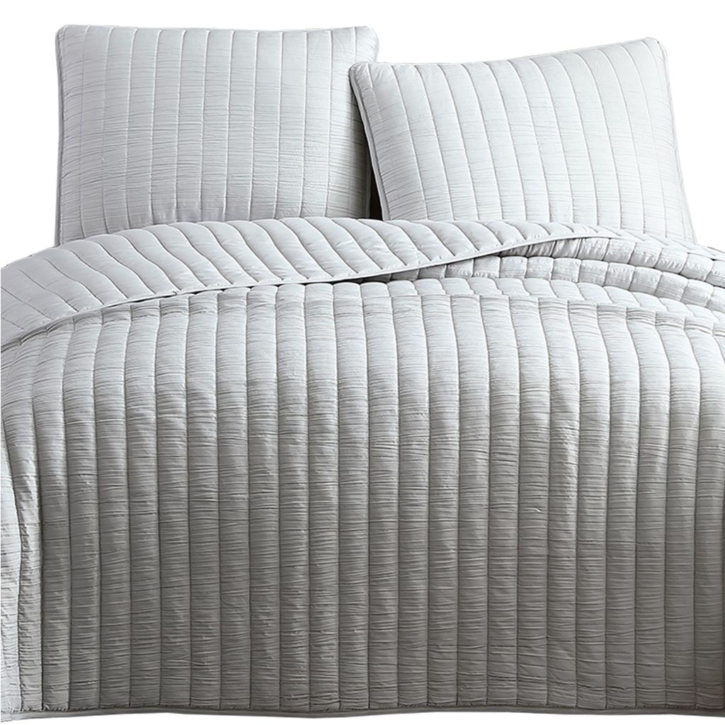 3 Piece Crinkle Queen Size Coverlet Set with Vertical Stitching,Light Gray - View 2