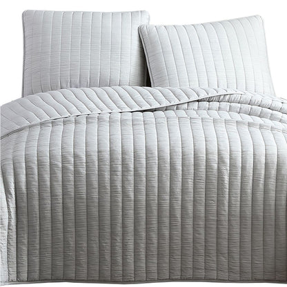 3 Piece Crinkle Queen Size Coverlet Set with Vertical Stitching,Light Gray - View 2