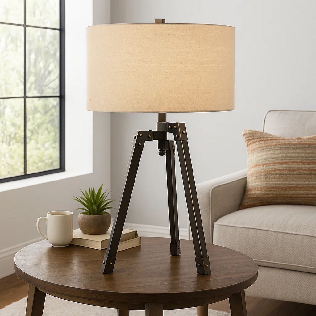Metal Tripod Base Table Lamp with Fabric Drum Shade, Bronze and Beige - View 7