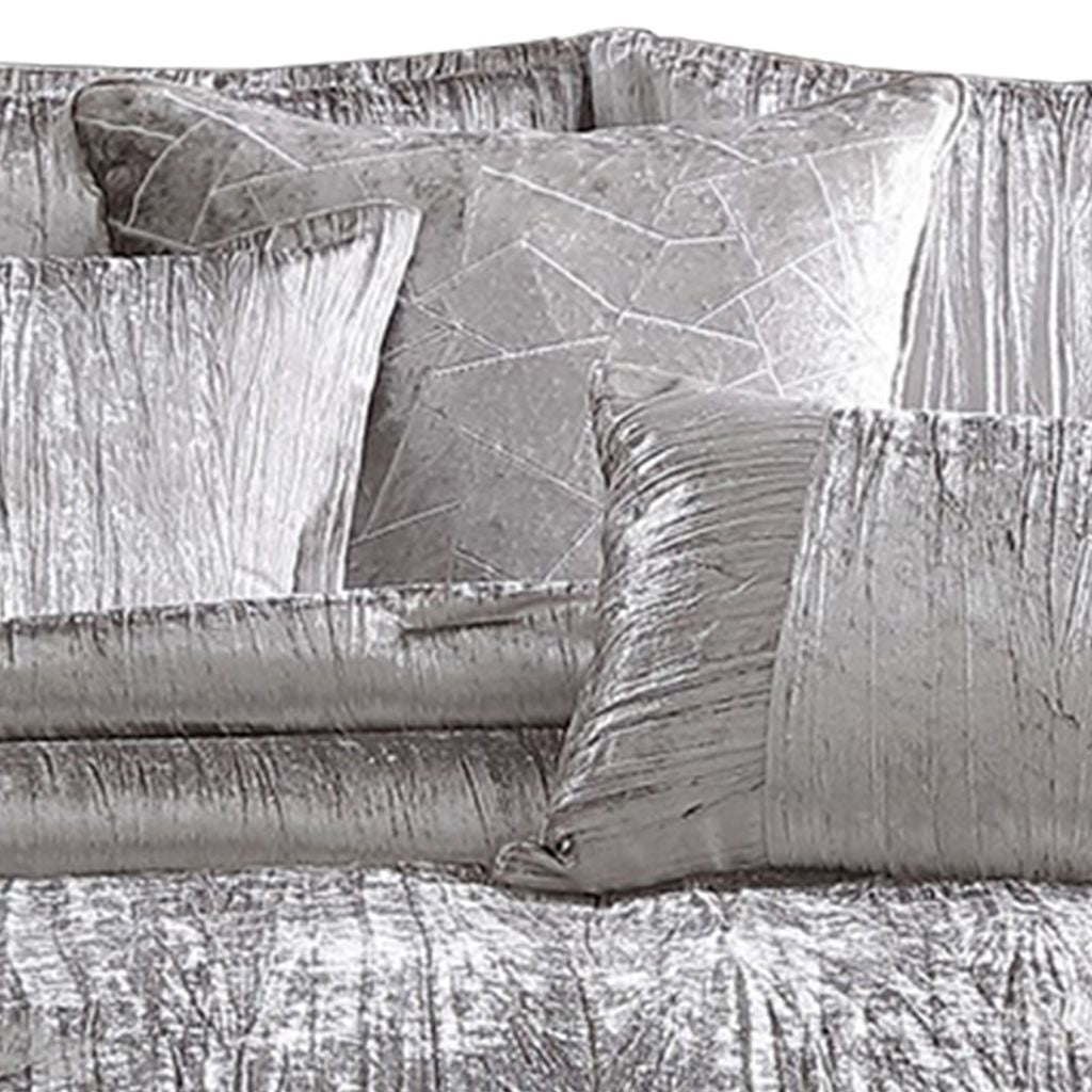 Queen Size 7 Piece Fabric Comforter Set with Crinkle Texture, Silver - View 3