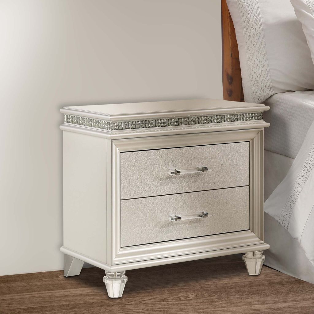 2 Drawer Nightstand with Acrylic Feet and Crystal Accents, Silver - View 7
