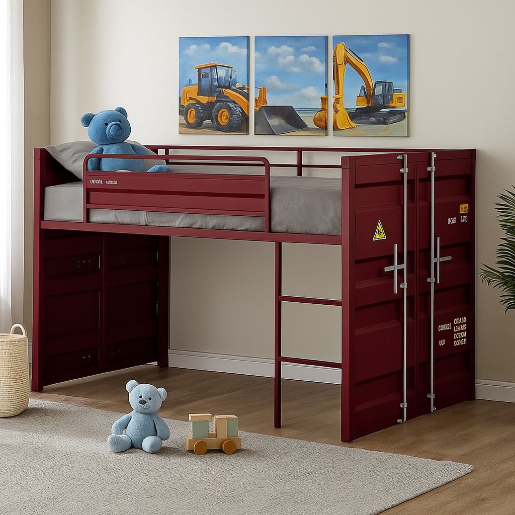 Twin Loft Bed with Metal Frame and Slide, Red - View 7