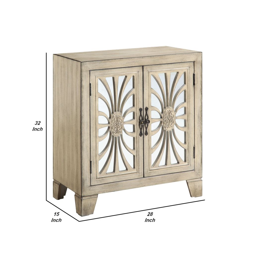 Console Table with 2 Glass Doors and Floral Motif, Antique White - View 6