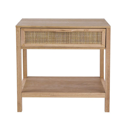Rosette 22 Inch Accent Side Table, Rattan Front Drawer, Open Shelf, Natural Brown Mango Wood Frame - View 2
