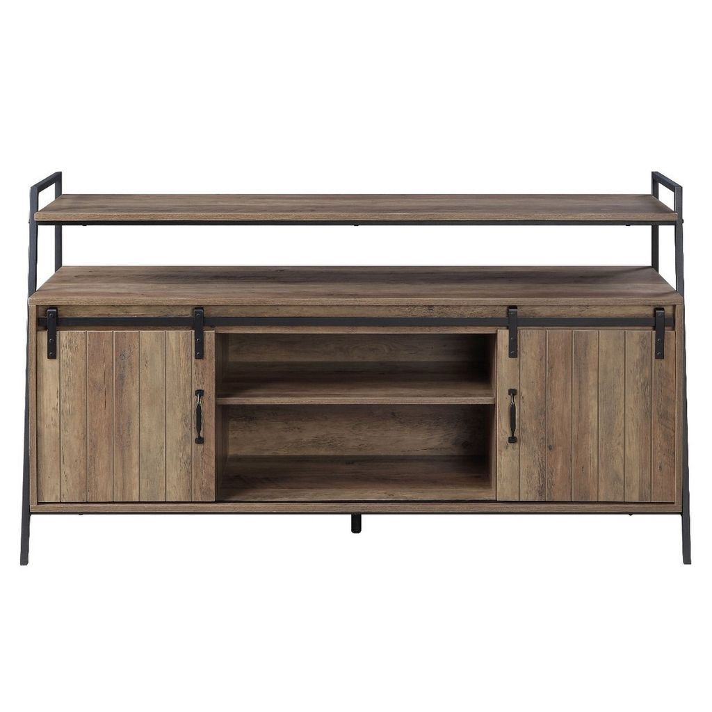 TV Stand with 2 Sliding Barn Doors and Tubular Frame, Oak Brown - View 3
