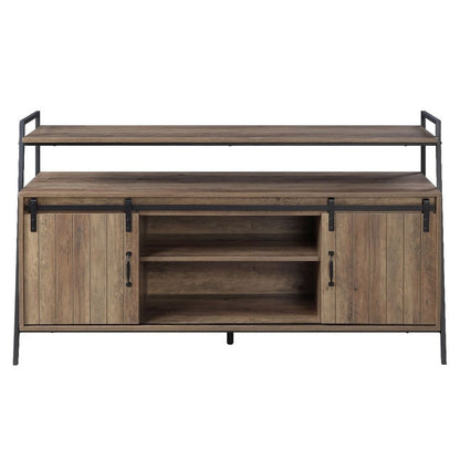 TV Stand with 2 Sliding Barn Doors and Tubular Frame, Oak Brown - View 3