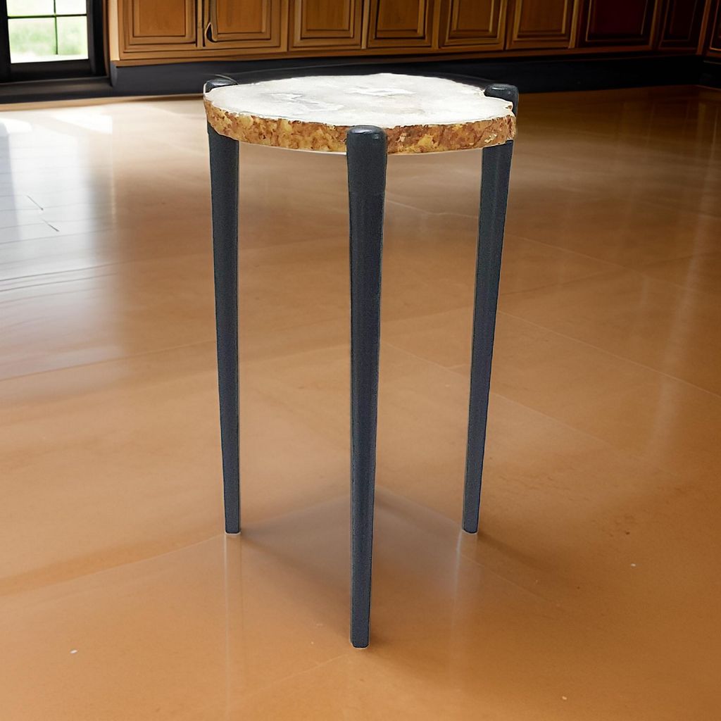 18 Inch Side Table, Agate Stone Top, Aluminum Tri Legs, Modern, White - View 7