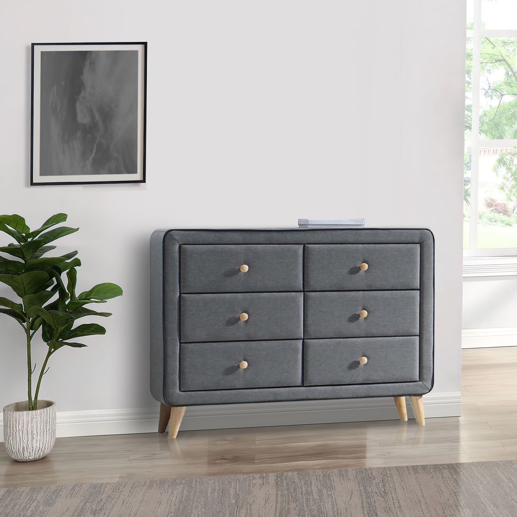 Transitional Style Wood and Fabric Upholstery Dresser with 6 Drawers, Gray - View 6