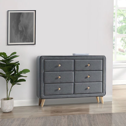 Transitional Style Wood and Fabric Upholstery Dresser with 6 Drawers, Gray - View 6