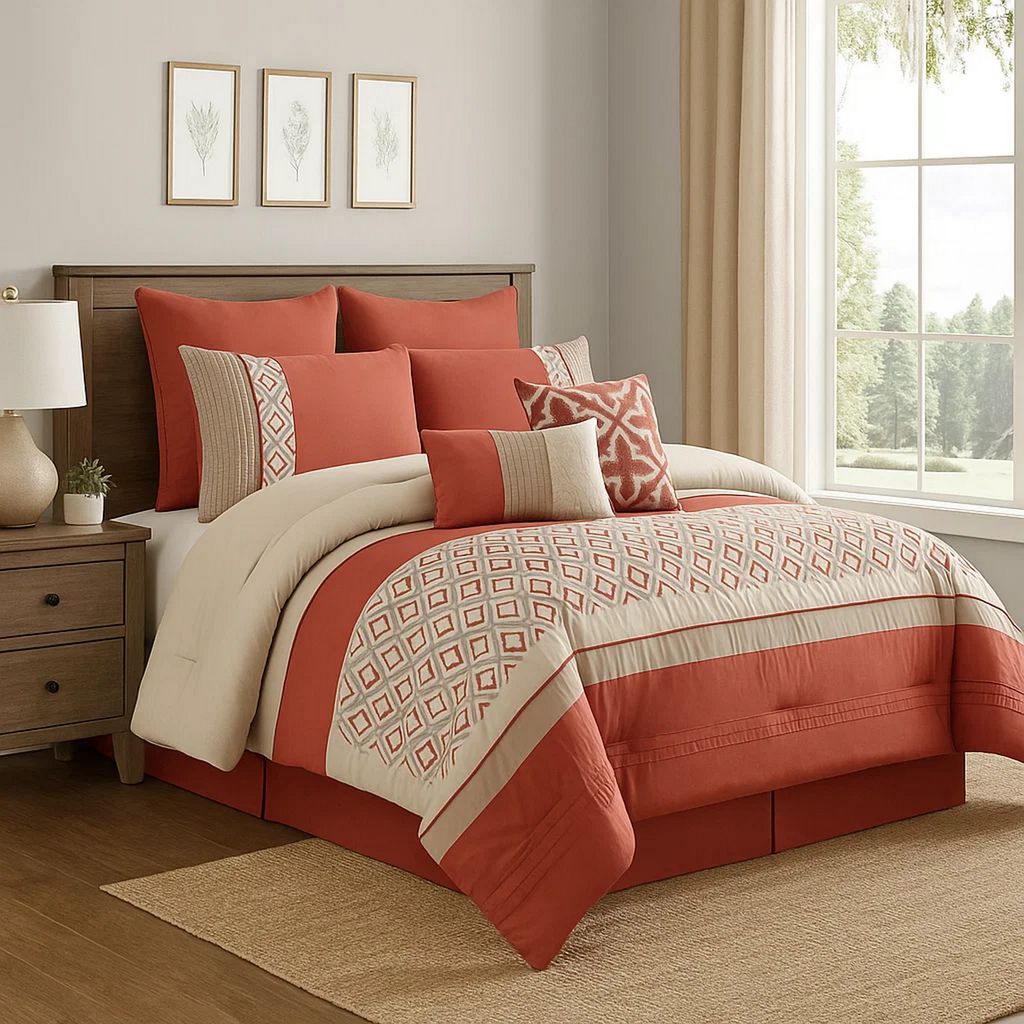 8 Piece King Polyester Comforter Set with Geometric Embroidery, Orange - View 7