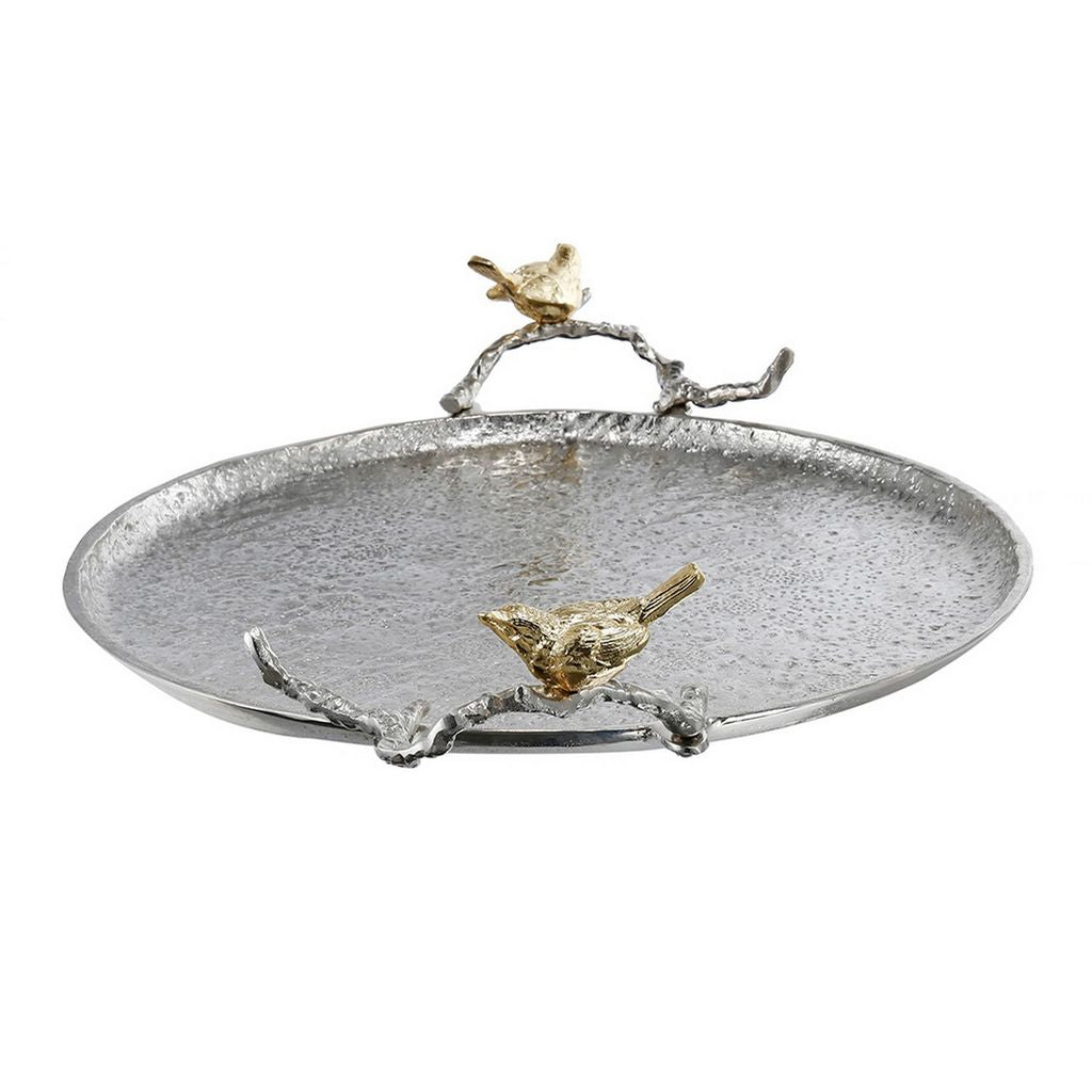 21 Inch Decorative Tray Set of 2, Perched Birds Silver Metal, Large - View 4