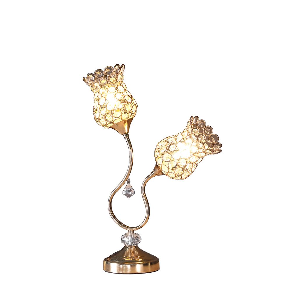 Metal Table Lamp with Floral Trumpet Shade and Crystal Accents, Gold - View 2