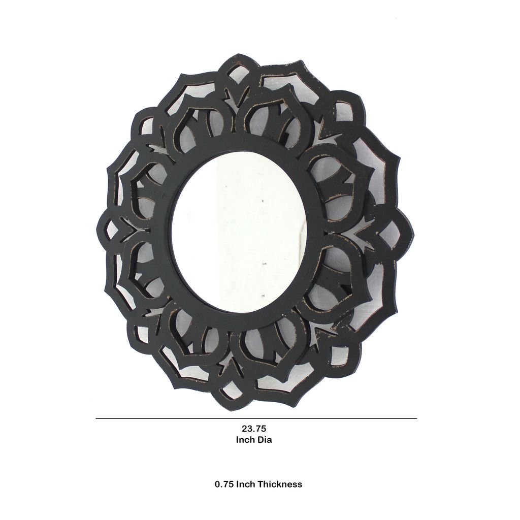 Wooden Mirror Blooming Lotus Wall Decor Set of 2 with Floral Engraving, Black - View 5