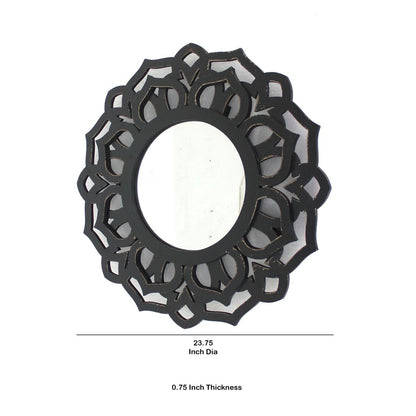 Wooden Mirror Blooming Lotus Wall Decor Set of 2 with Floral Engraving, Black - View 5