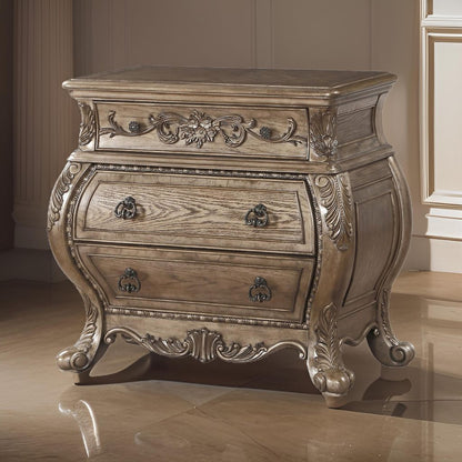 Nightstand, 3 Drawers with Antique Handles, Scrolled Legs, Vintage Oak Brown - View 7