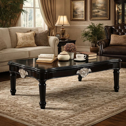 Traditional Rectangular Wooden Coffee Table with Scalloped Top, Black - View 7