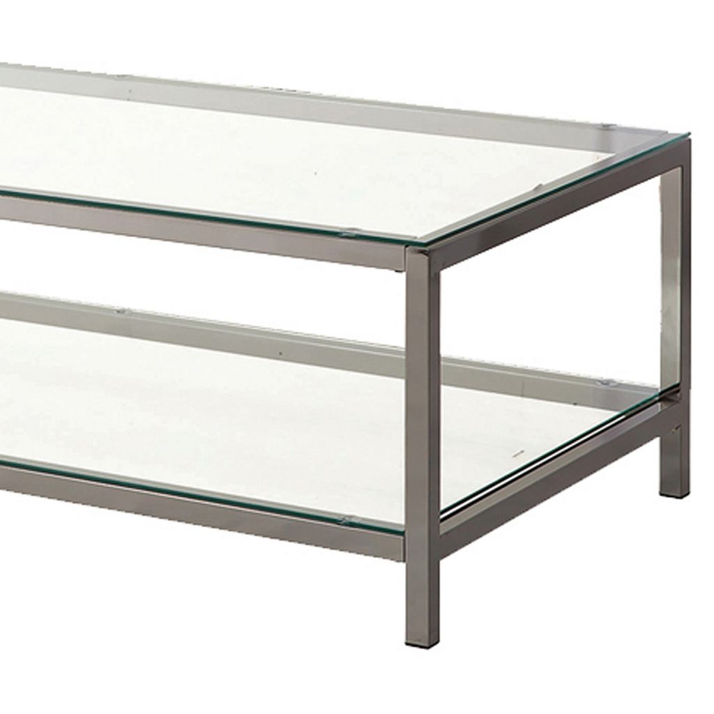 Glass Top Coffee Table with Metal Frame and Open Shelf, Silver - View 4