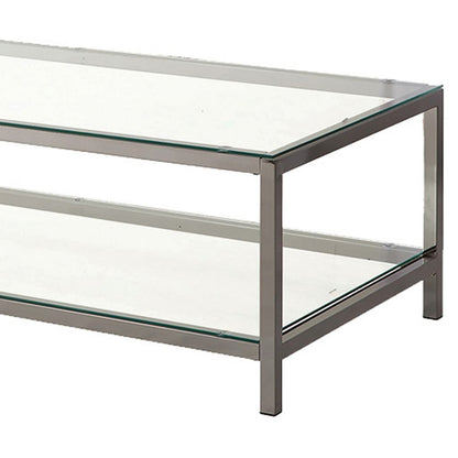 Glass Top Coffee Table with Metal Frame and Open Shelf, Silver - View 4