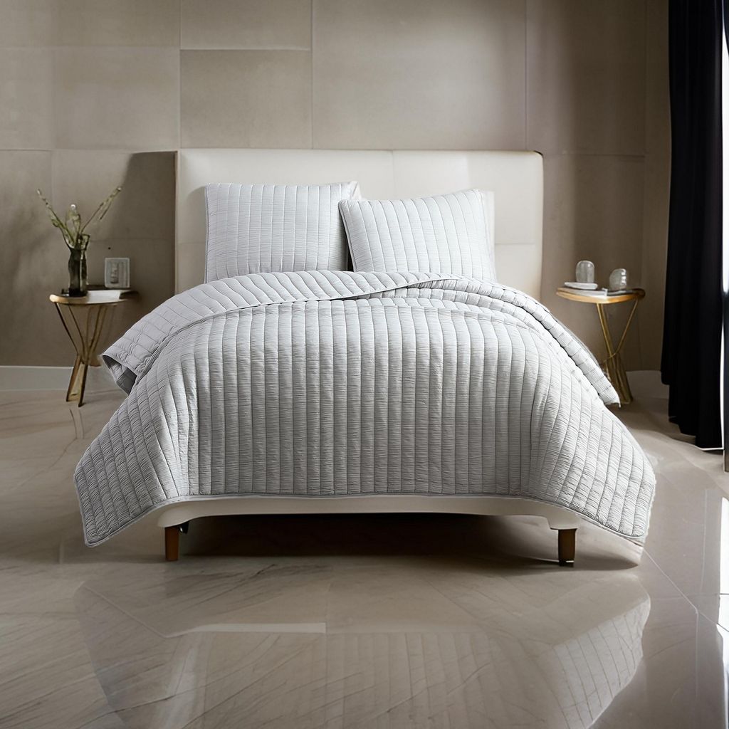 3 Piece Crinkle Queen Size Coverlet Set with Vertical Stitching,Light Gray - View 7