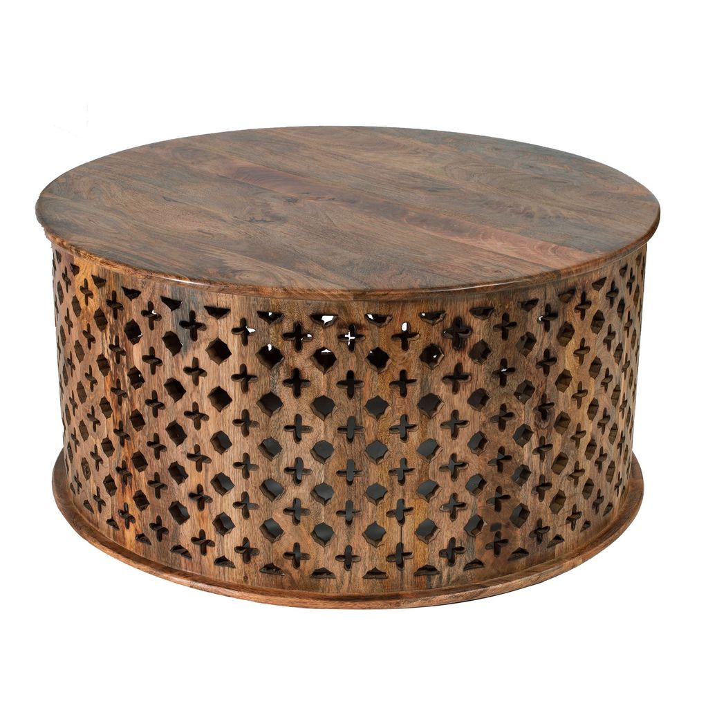 35, 34 Inch Coffee Table Set of 2, Mango Wood Lattice Design, Brown - View 2