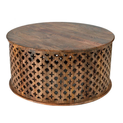 35, 34 Inch Coffee Table Set of 2, Mango Wood Lattice Design, Brown - View 2