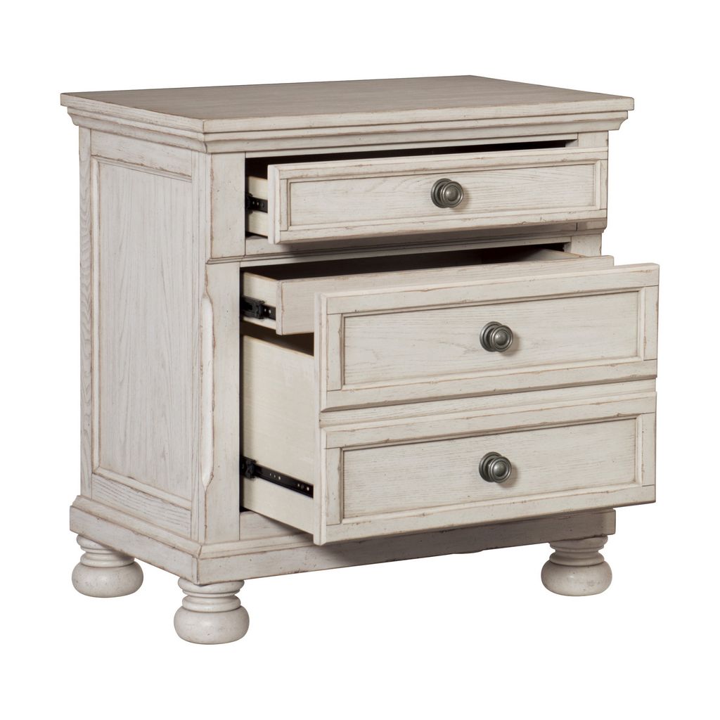Cottage 2 Drawer Nightstand with Molded Details and Bun feet, Antique White - View 3