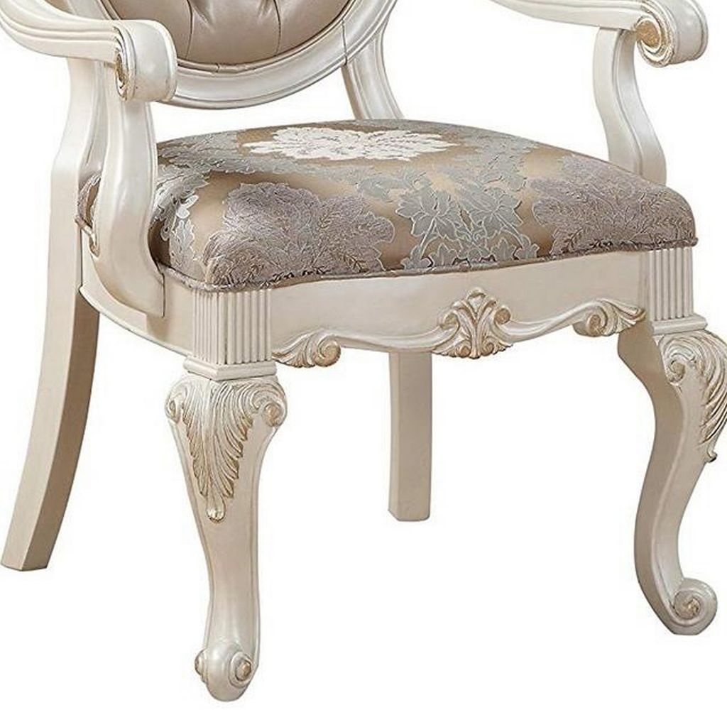 Wooden Arm Chair with Floral Patterned Padded Seat, Set of 2,White and Gold - View 4