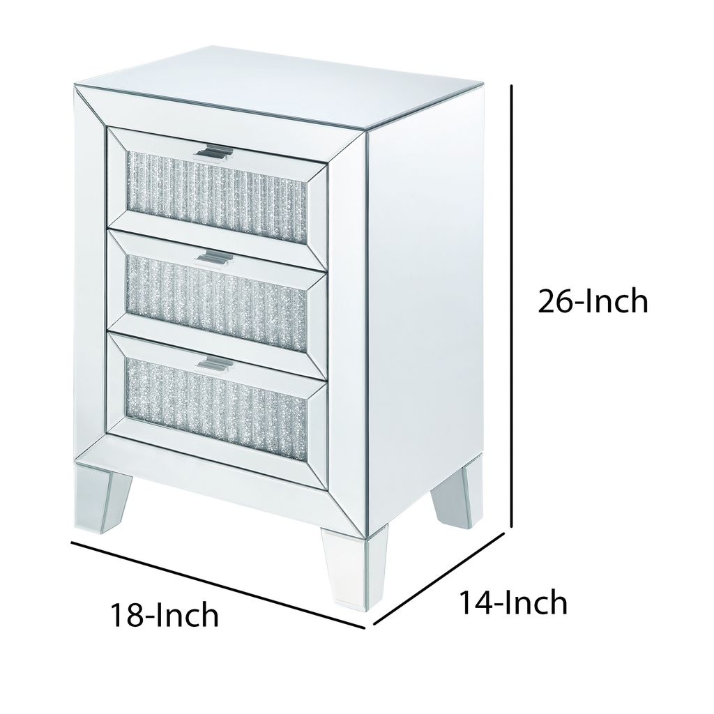 Contemporary Style Wooden Mirrored Night Table with 3 Drawers, Silver - View 5