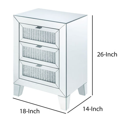 Contemporary Style Wooden Mirrored Night Table with 3 Drawers, Silver - View 5