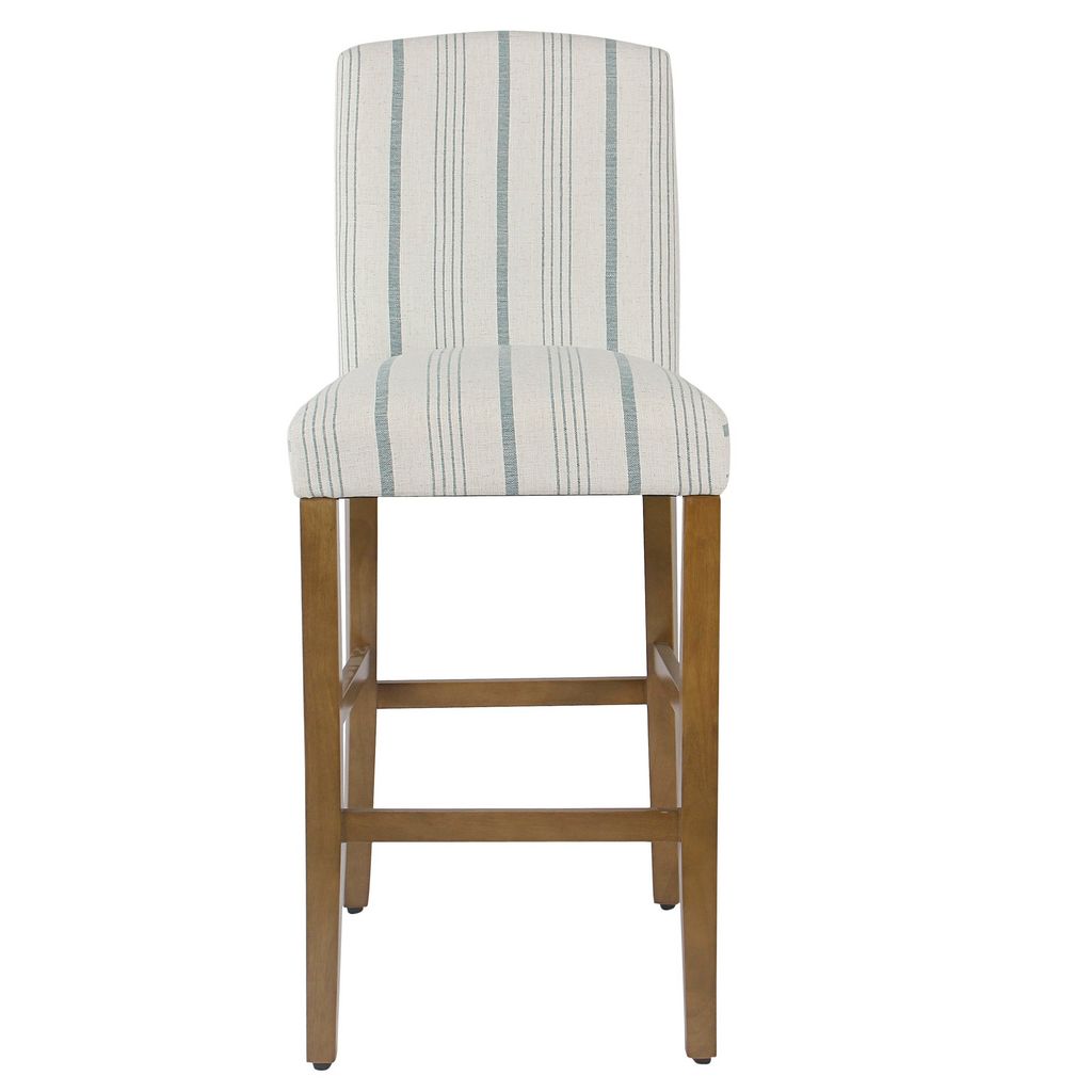 Fabric Upholstered Wooden Barstool with Striped Cushioned Seat, White and Blue - View 3