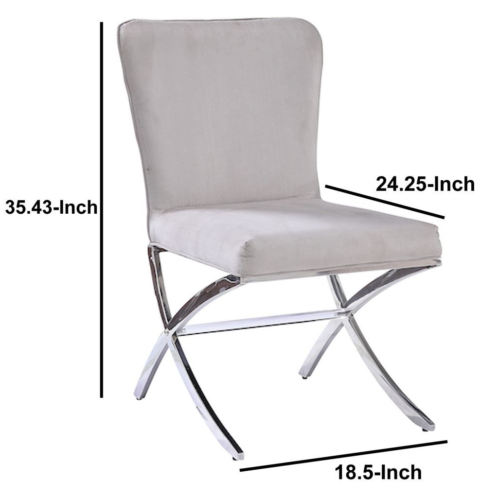 Velvet Upholstered Metal Side Chair with X Style Base, Light Gray and Silver, Set of Two - View 5