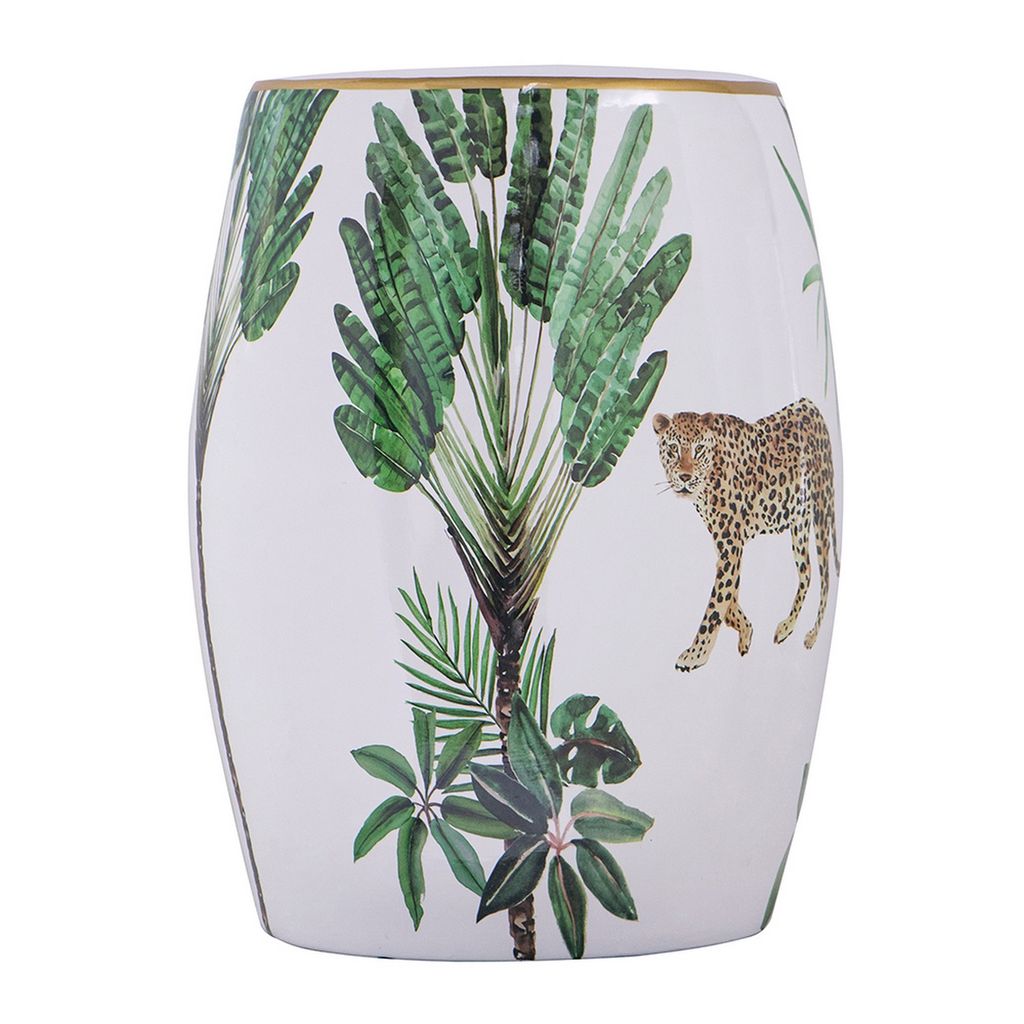 18 Inch Ceramic Accent Table, Drum Shape, Tropical Print, White, Green - View 3