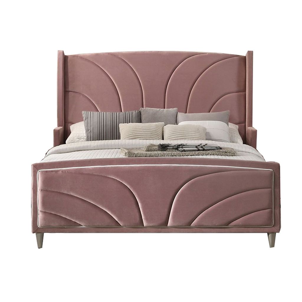 Kerith Modern Wood King Size Bed, Wingback Frame, Pink Velvet, Chrome Legs - View 3