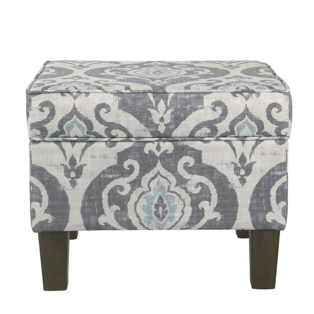 Wooden Ottoman with Patterned Fabric Upholstery and Hidden Storage, Gray and Blue - View 7