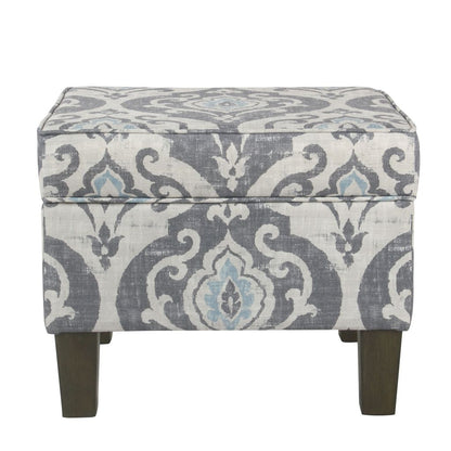 Wooden Ottoman with Patterned Fabric Upholstery and Hidden Storage, Gray and Blue - View 7