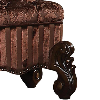 Tufted Fabric Upholstered Wooden Vanity Stool with Scrolled Legs, Cherry Oak brown - View 3