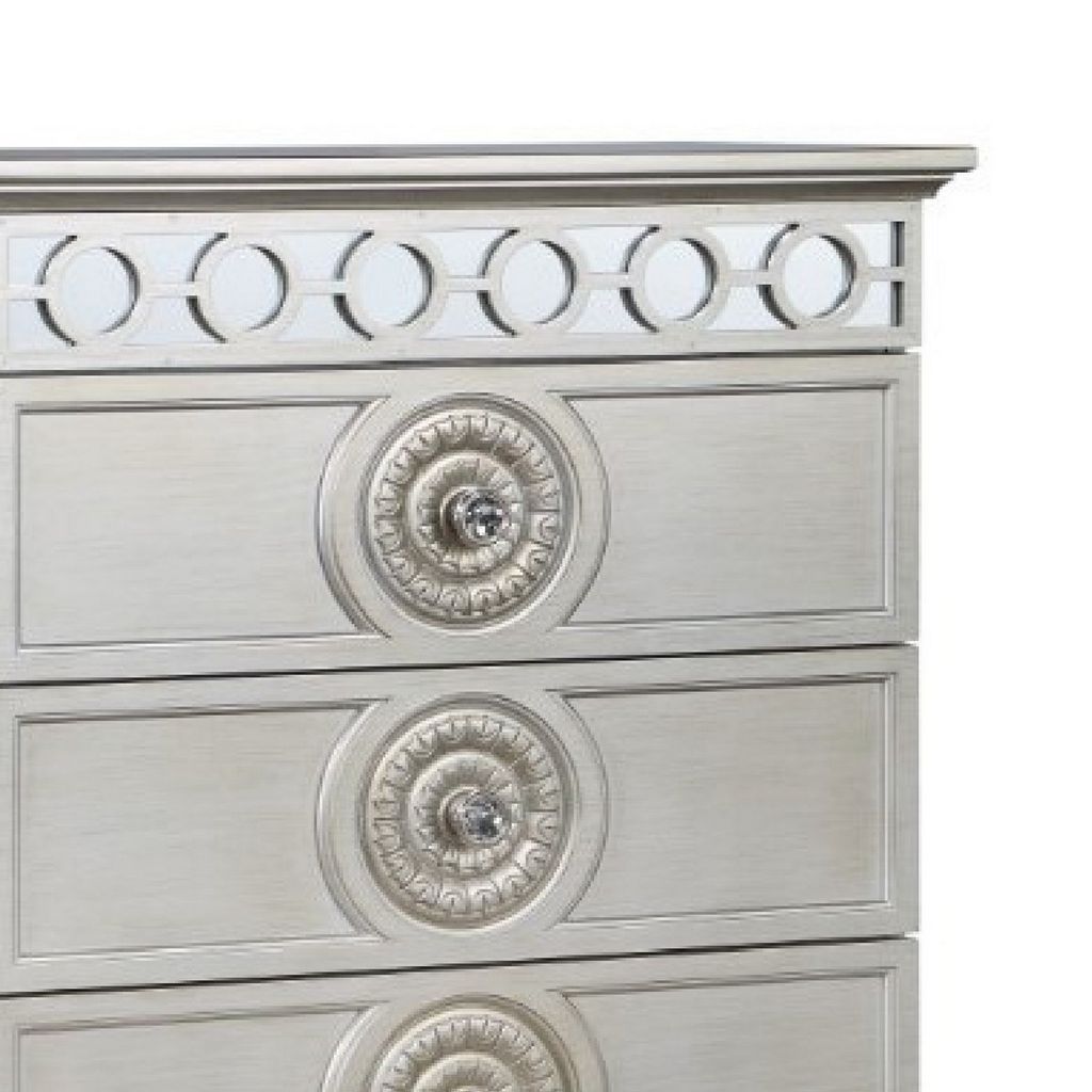 Nic 54 Inch Modern Tall Dresser Chest, 5 Drawers, Round Knobs, Silver - View 4